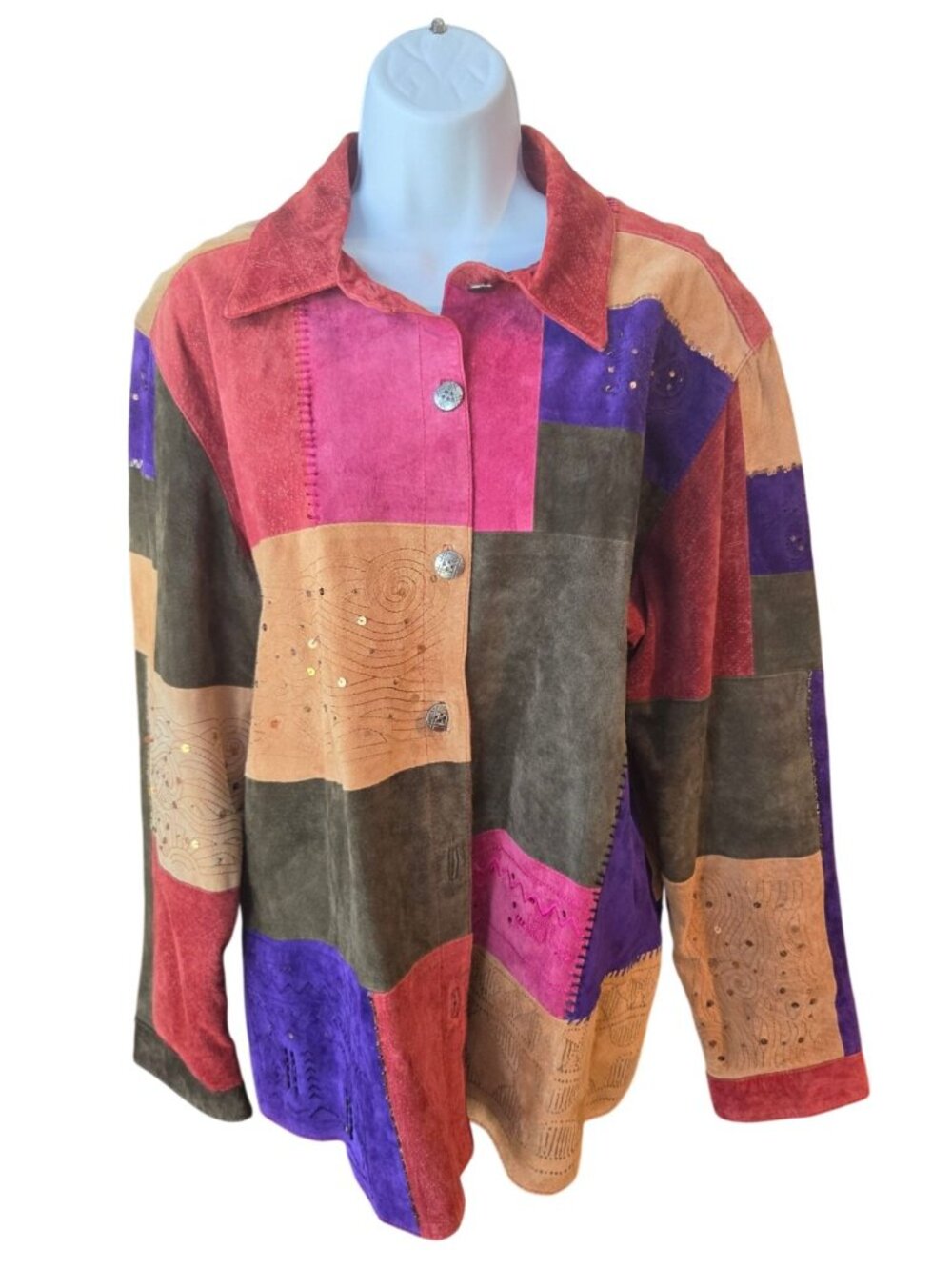 Chico Size 3 Leather Patchwork Jacket Multicolor Suede Boho Western Dolly Parton